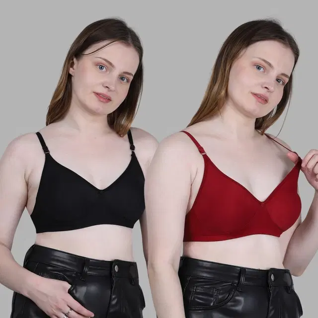 Cotton Solid Non Padded Bra for Women, Multicolour, Pack of 2 (32B)