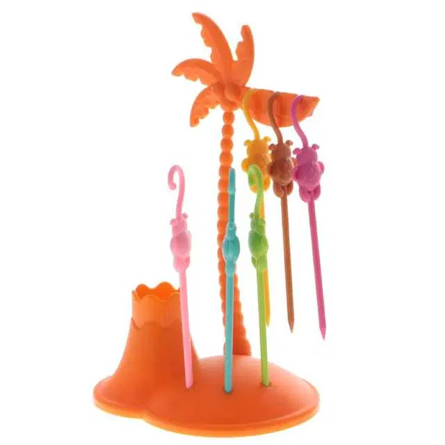 Coconut Tree Fruit Fork Stand With Monkey Shape Fruit Fork, Pack Of 5, R-047