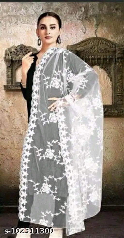 Embroidered Punjabi Net Floral Sewing & Embroidery (White, Free Size)