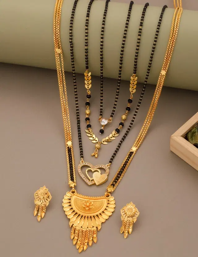 Alloy 4 Pcs Mangalsutra Set with Earrings for Women, Set of 1 (Gold)