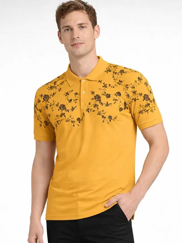 Polo Printed Cotton Blend T-shirt for Men (Mustard, M)