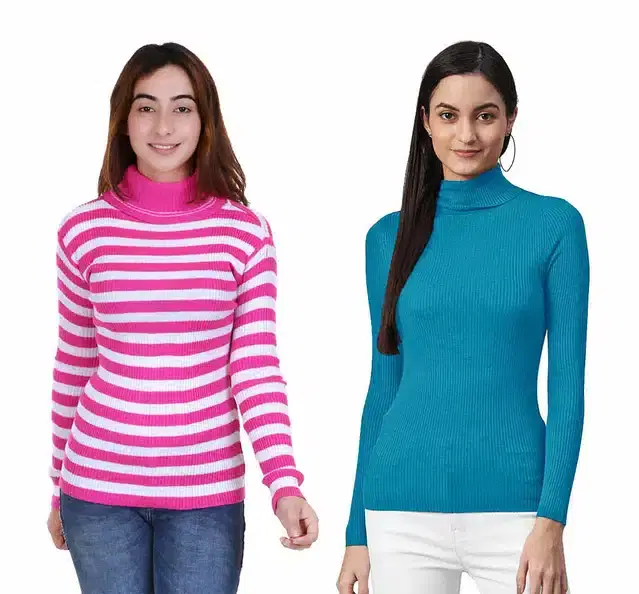 Full Sleeves Solid Sweater for Women, Pack of 2 (Aqua Blue & Dark Pink, L)