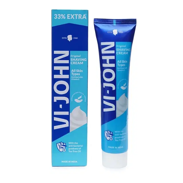 Vi-John Original Dermatologically Tested All Sking Type Shaving Cream Vitamin E & Tea Tree Oil Enriched 124 g