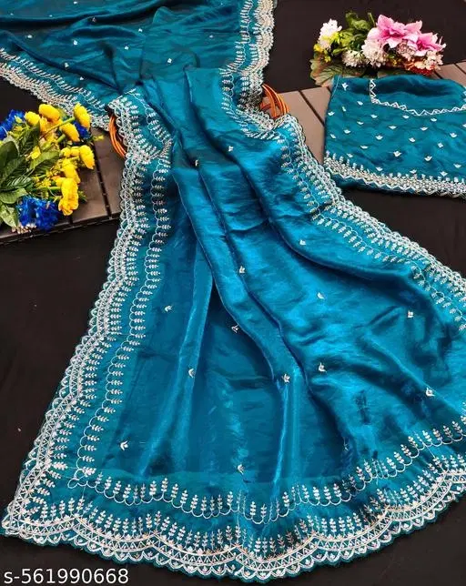 Embroidered Cotton Blend Ethnic Motif Sewing & Embroidery (Blue, Free Size)
