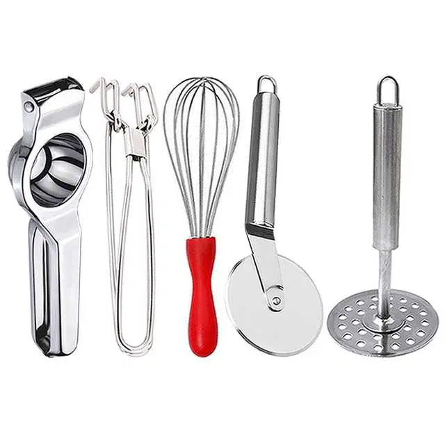 Stainless Steel Lemon Squeezer & Pakkad & Egg Whisk & Pizza Cutter & Potato Masher For Kitchen, Set of 5, OC-068