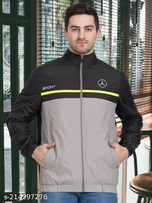 Nylon Full Sleeves Jacket for Men (Black & Grey, M)
