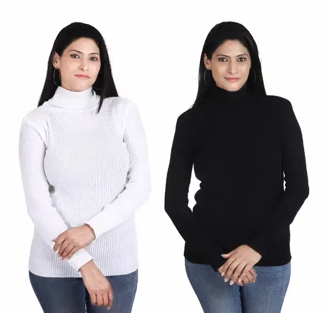 Full Sleeves High Neck Sweater for Women, Pack of 2 (White & Black, S)