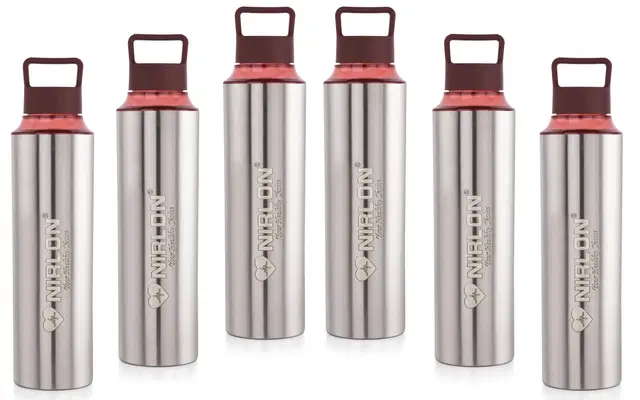 Nirlon Eco Pur Single Wall Stainless Steel Water Bottle, Water Bottles For Fridge Pack Of 6 |Leak Proof|Office|Gym Bottle|Home|Kitchen|Hiking|Treking Bottle|Travel Bottle [Brown Color|900Ml]