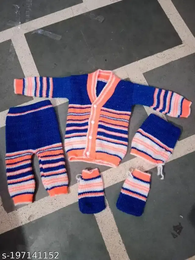 Woolen Sweater & Pant with Socks & Cap for Kids (Multicolor, 0-3 Months)