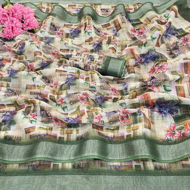 Linen Printed Saree for Women, Multicolor (6.3 m)