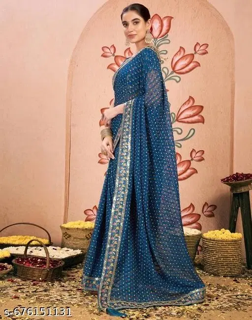 Chiffon Embellished Saree For Women, Blue