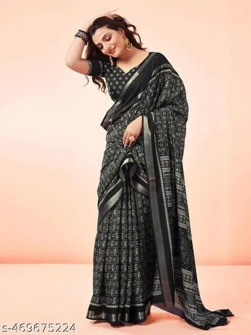 Silk Printed Saree for Women, Black (6.3 M)