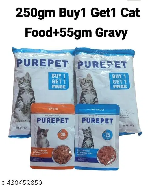 Purepet Ocean Fish Adult Cat Food, 250g Buy 1 - GET 1 Free + PURREPET Kitten Food Mackerel Chicken Liver Gravy 55gm + PUREPET Wet Cat Food, Real Chicken And Chicken Liver In Gravy 55gm (pack of 4)__100% complete nutritional food for all breeds
