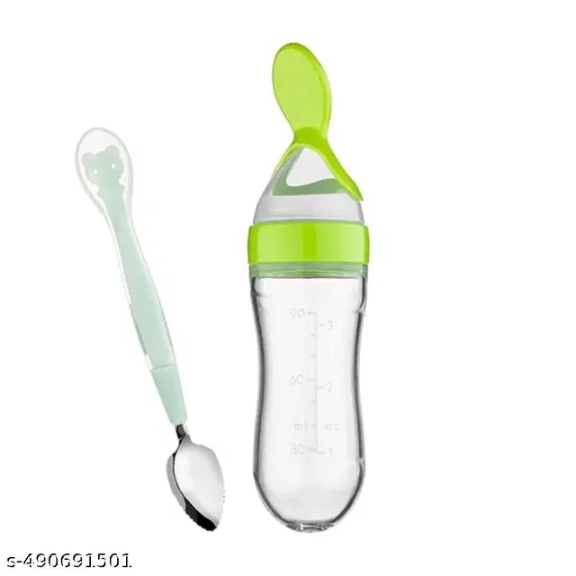 Combo of Feeder Bottle, 90 ml with Double Head Spoon for Baby, Green, Set of 2