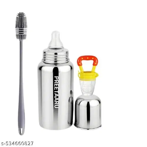 Steel Feeding Bottle, Soft Silicone Fruit Nibbler With Bottle Cleaning Brush