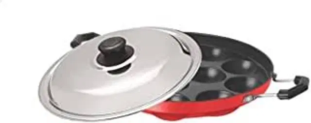 ZODEX 12 Cavities Non Stick Appam Patra with Lid and Side Handle, Multicolor, 21 cm