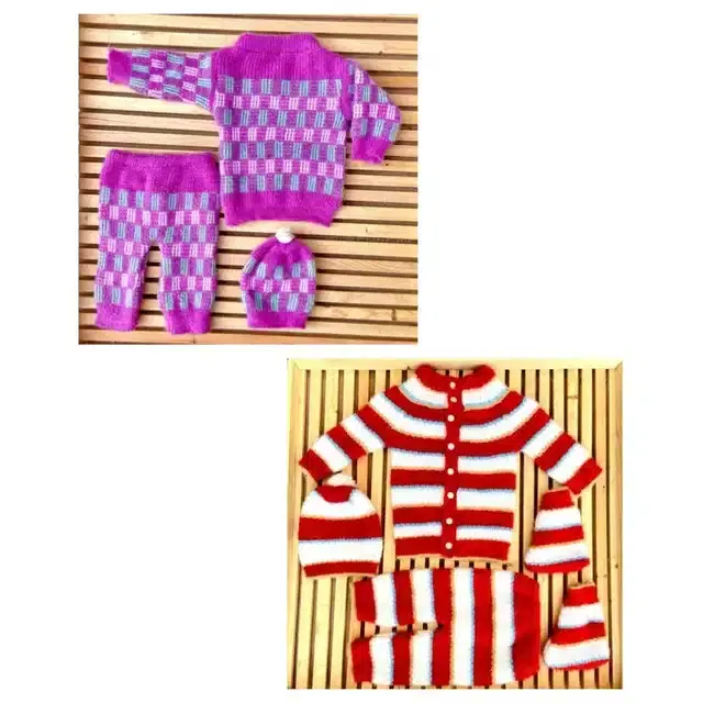 Full Sleeves Sweater with Pant, Cap & Booties, Pack of 2 (Multicolor, 0-6 Month)