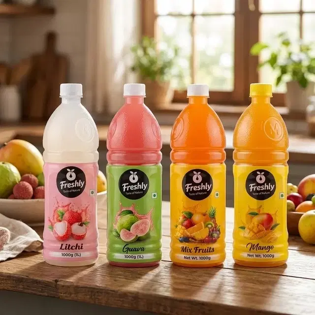 Freshly Litchi Juice + Guava Juice + Mixed Juice + Mango Juice 4X1 L (Pack of 4)