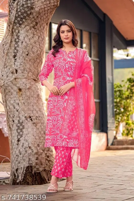 Cotton Silk Printed Kurta With Paint & Dupatta Set for Women, Pink (S)