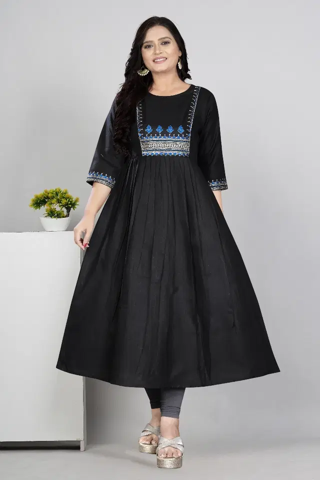 Zari Embroidered Cotton Blend Anarkali Kurti for Women (Black, M)