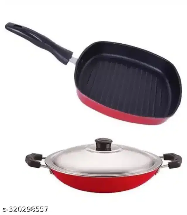 Xtend Non Stick Appachetty with Lid, 23 cm & Grill Pan, Red, Pack of 2