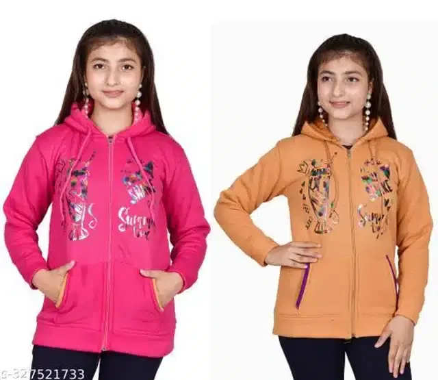 Woolen Full Sleeves Hooded Sweatshirts for Girls, Pack of 2 (Dark Pink & Orange, 10-11 Years)