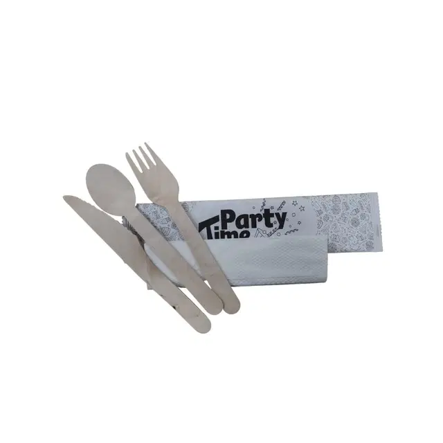 Wooden Set 4in1 (Tissue+Fork+Spoon+Knife) 140mm Pack Of 10 Pc