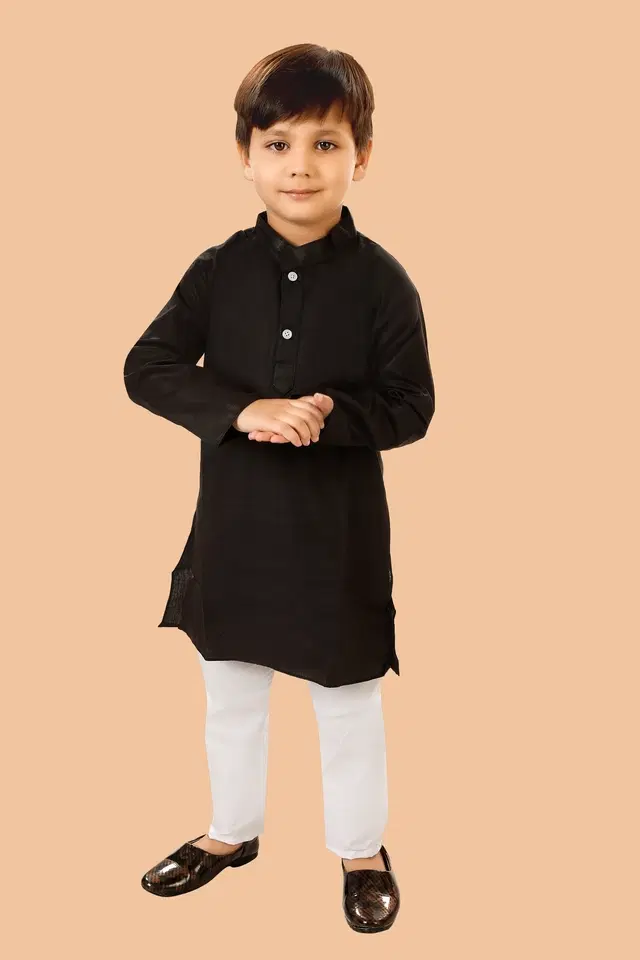 Cotton Blend Solid Kurta with Payjama for Boys, Black & White (8-9 Years)