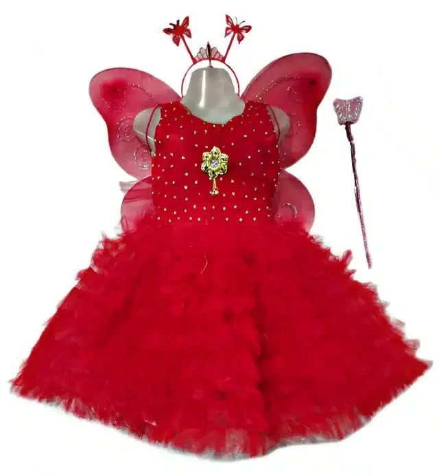 Netted Frock for Girls (Red, 1-2 Years)