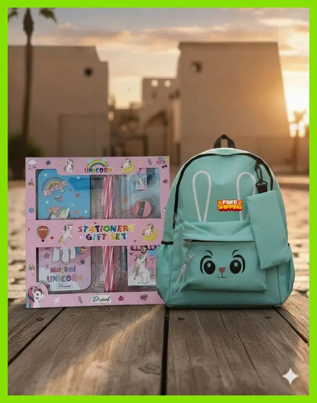 Polyester Backpack with Stationery Kit for Kids, Multicolour, Set of 1