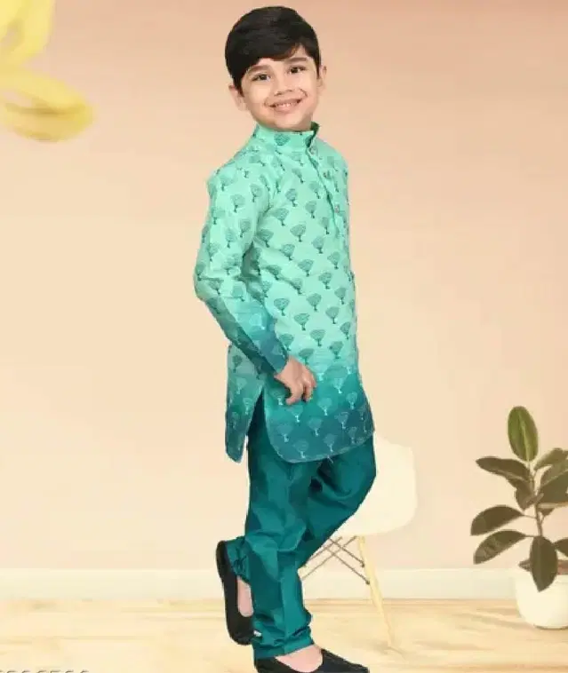 Printed Dupion Silk Kurta and Pajama Set for Boys (Green, 6-12 months)