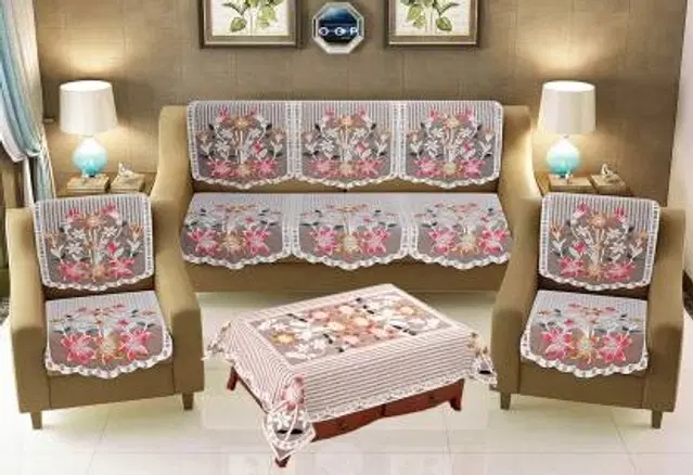 Cotton Floral Sofa With Table Cover Set, Multicolor, Pack Of 7