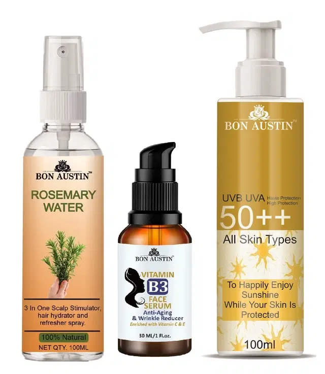 Bon Austin Rosemary Hair Spray, 100 ml with Vitamin B3 Face Serum, 30 ml, UVA & UVB Protection Sunscreen Lotion, 100 ml, Set of 3