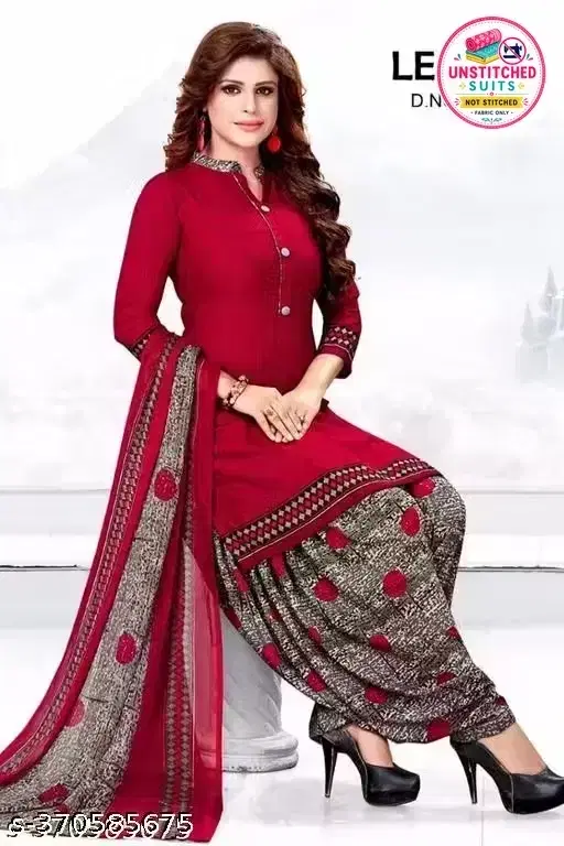 Printed Crepe Unstitched Suit Fabric for Women, Red (Free size)