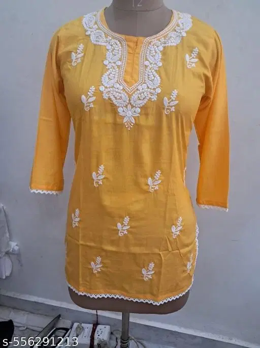 Floral Embroidered Rayon Kurti for Women (Yellow, L)