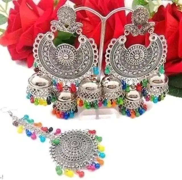 Tribal Jhumka with Maang Tikka Set (Silver)
