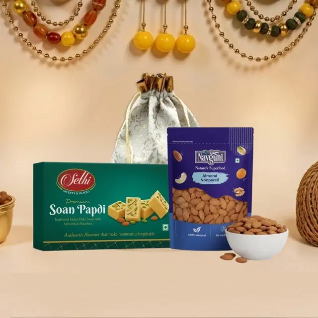 Gift Pack- Sethi Soan Papdi 250 g, Navguni Almond Nonpareil 200 g with Potli