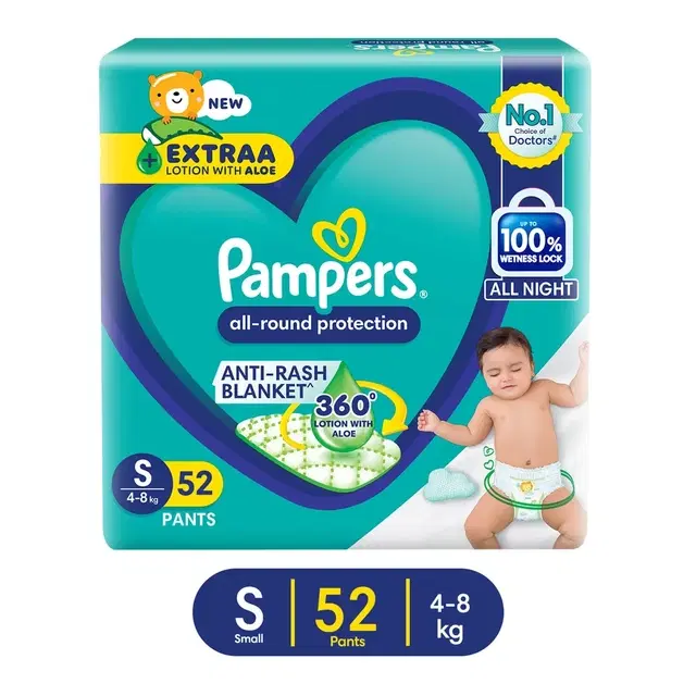 Pampers Complete Skin Comfort Pants, (s) 52 Count, Anti-Rash Blanket, Lotion With Vitamin E & Aloe Vera, Small Size Baby Diapers, 4-8 Kg