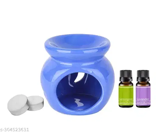Asian Aura Candle Diffuser for Home Fragrance, Aroma Oil Burner with 2 T-Light & 2, 10 ml Aroma Oil -Fragrance Lemon Grass & Lavender, Blue Diffuser Pot, Set of 1