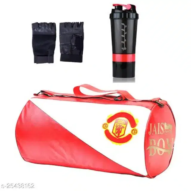 Combo of Gym Bag with Shaker Bottle, 400 ml, Gloves, Multicolor, Set of 3