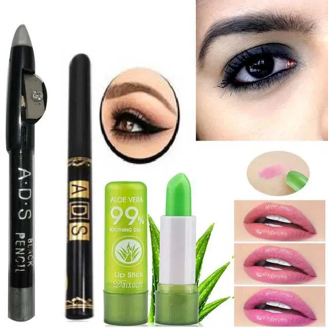 Combo of 1 Ads Aloevera 99% Soothing Gel Lip Balm & 1 Ads Black Eyebrow Pencil With Sharpener & 1 Ads Perfect Waterproof Eyeliner, R984