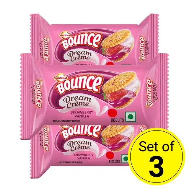 Sunfeast Bounce Double Cream Biscuits - Strawberry Vanilla, 3X66 g Pouch (Pack Of 3)