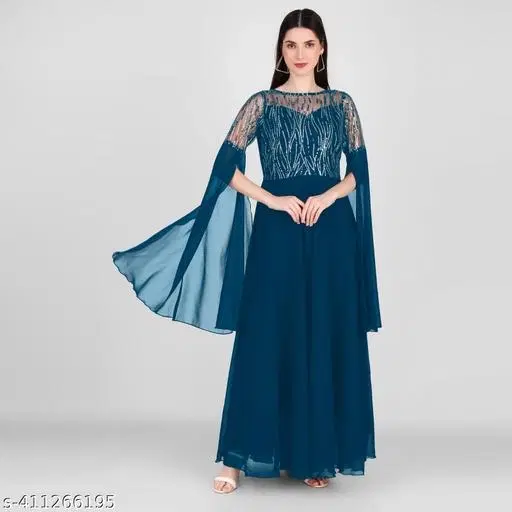 Georgette Embellished Gown for Women (Teal, S)