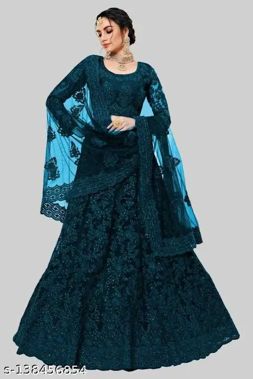 Cotton Blend Lehenga Choli for Women (Teal, Free Size)