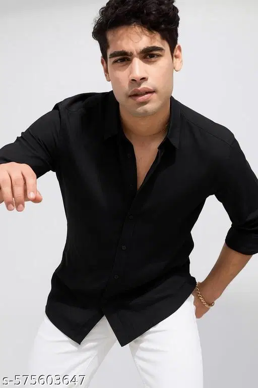 Polycotton Solid Shirts for Men, Black (L)