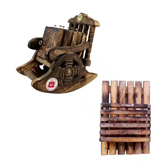 LAZYwindow Wooden Antique Miniature Chair Shape Holder Coaster Set & Handmade Key Holder, Brown, Set of 2