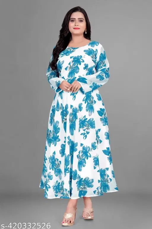 Georgette Printed Gown for Women (Blue, XL)