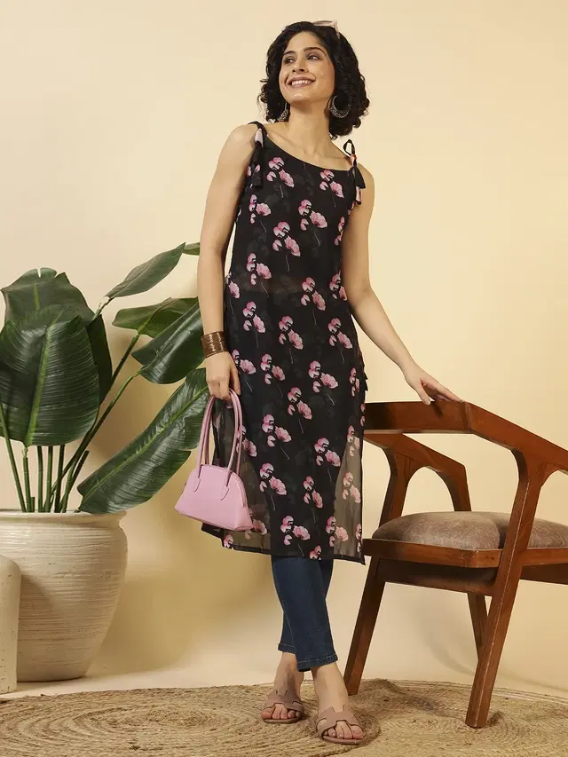 Tie Up Georgette Kurti for Women (Black, XS)