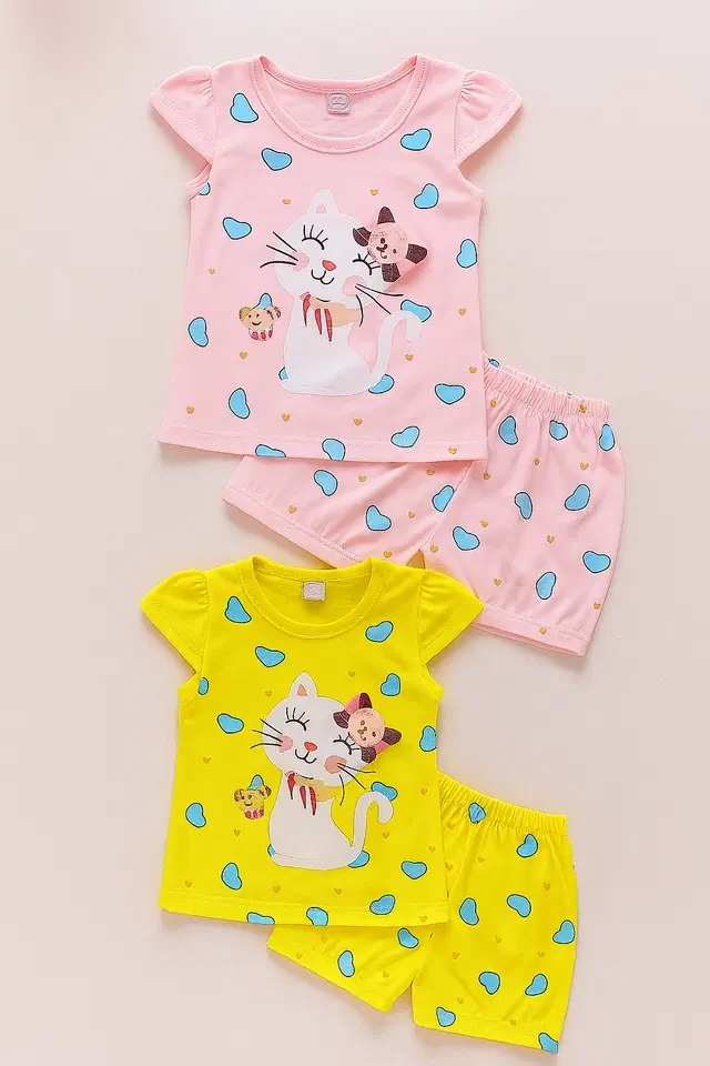 Hosiery Cotton Printed Clothings Set for Girls, Pink & Yellow (0-6 Months)