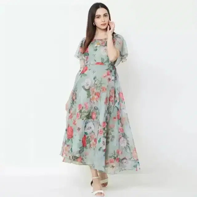 Women's Floral Print Flared Anarkali Gown (Grey, M)